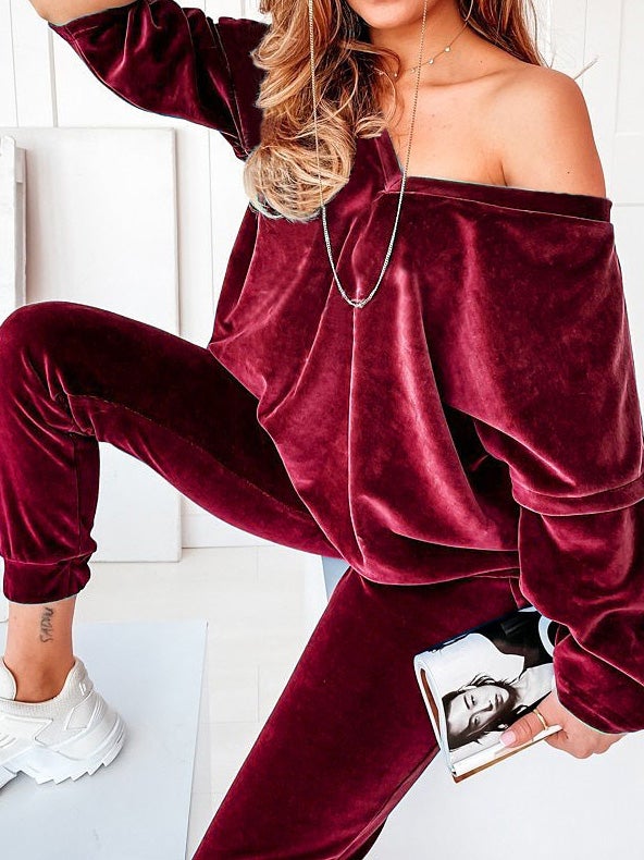 Women's Sets Solid Velvet V-Neck Long Sleeve Casual Two Piece Suit - LuckyFash™