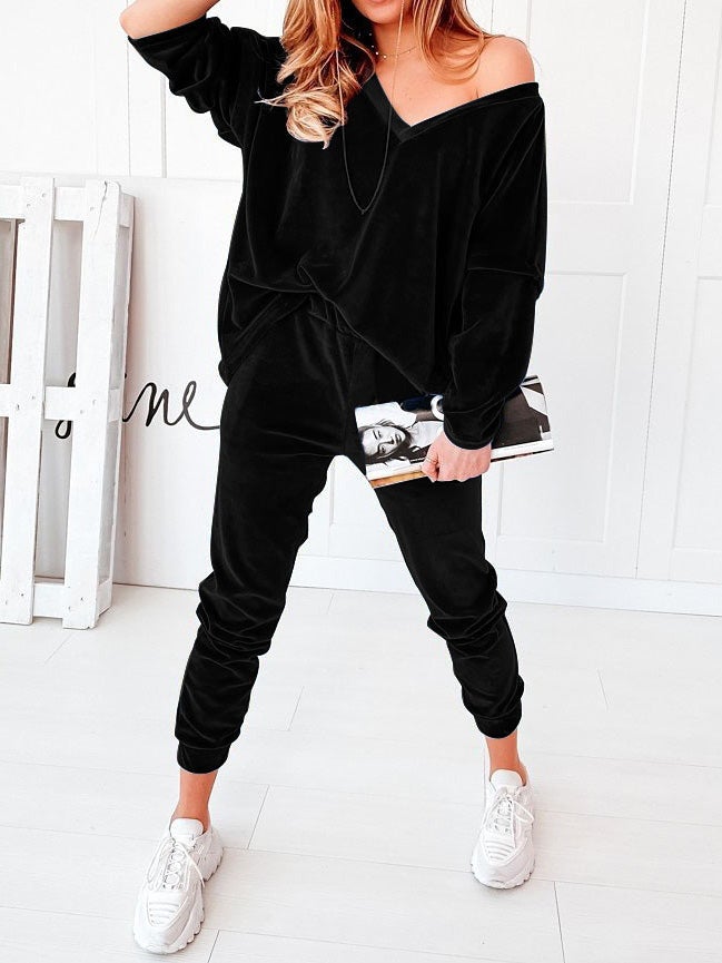Women's Sets Solid Velvet V-Neck Long Sleeve Casual Two Piece Suit - LuckyFash™