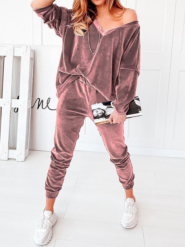 Women's Sets Solid Velvet V-Neck Long Sleeve Casual Two Piece Suit - LuckyFash™