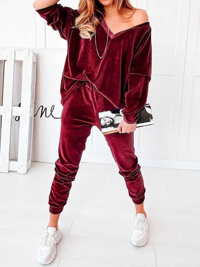 Women's Sets Solid Velvet V-Neck Long Sleeve Casual Two Piece Suit - LuckyFash™