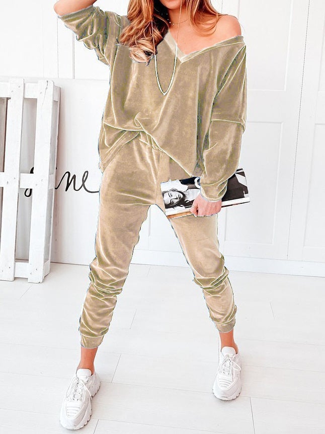 Women's Sets Solid Velvet V-Neck Long Sleeve Casual Two Piece Suit - LuckyFash™