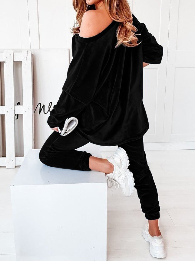 Women's Sets Solid Velvet V-Neck Long Sleeve Casual Two Piece Suit - LuckyFash™