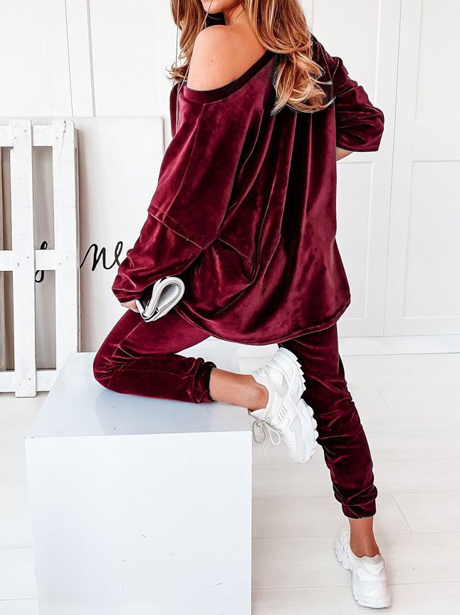 Women's Sets Solid Velvet V-Neck Long Sleeve Casual Two Piece Suit - LuckyFash™