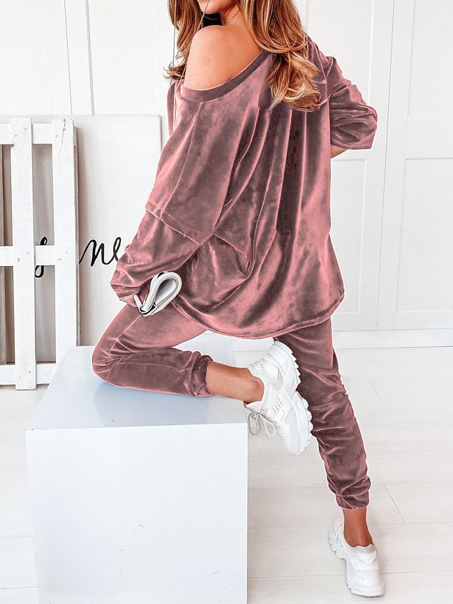 Women's Sets Solid Velvet V-Neck Long Sleeve Casual Two Piece Suit - LuckyFash™