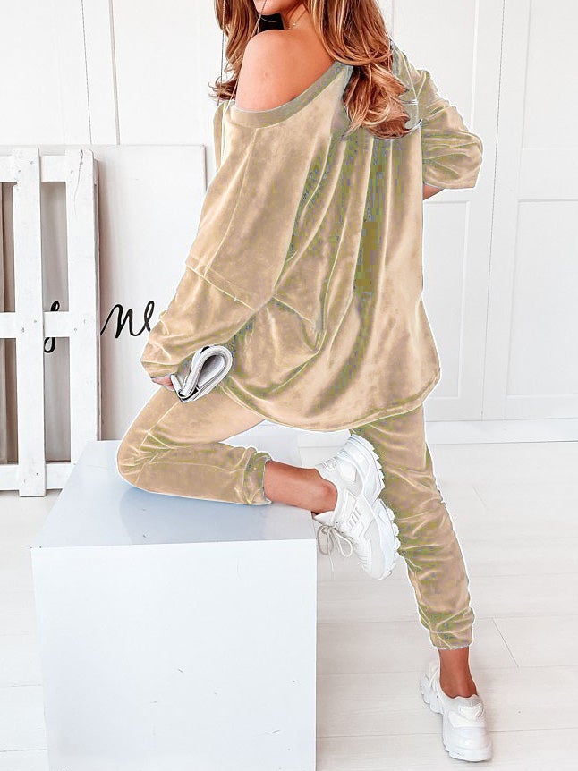 Women's Sets Solid Velvet V-Neck Long Sleeve Casual Two Piece Suit - LuckyFash™