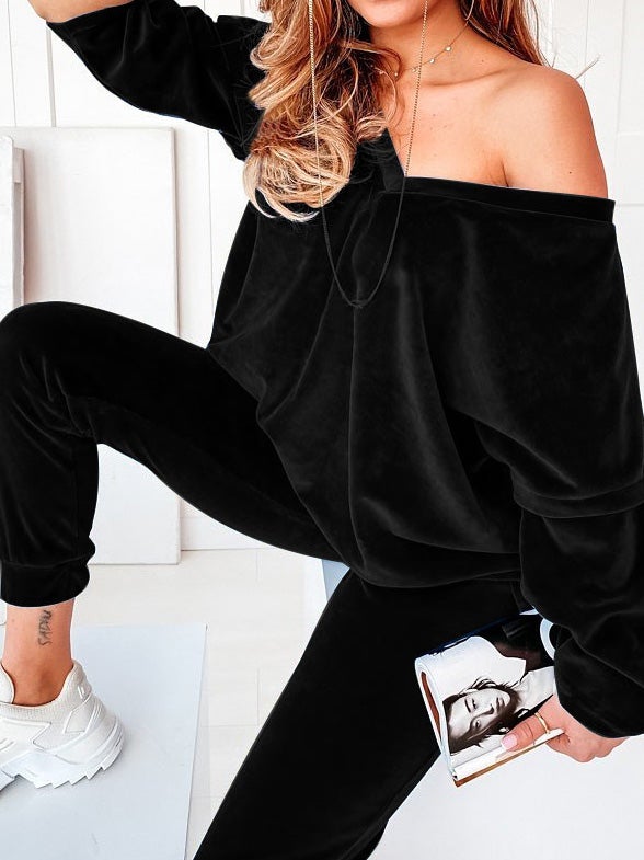 Women's Sets Solid Velvet V-Neck Long Sleeve Casual Two Piece Suit - LuckyFash™