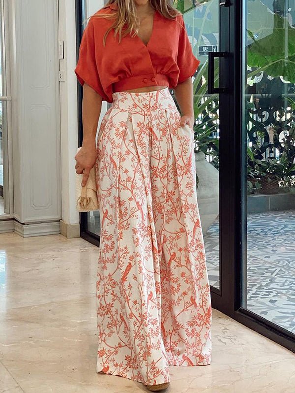 Sets V-Neck Crop Top & Printed Wide-Leg Pants Two-Piece Set - LuckyFash™