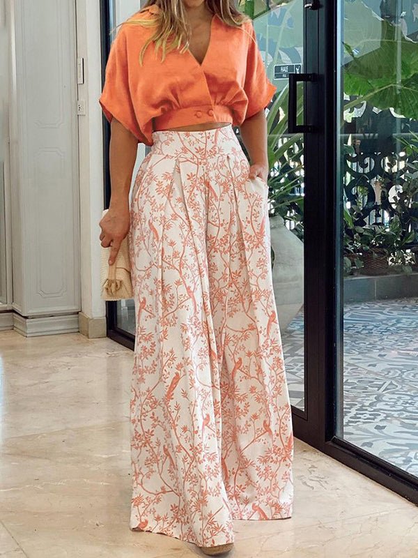 Sets V-Neck Crop Top & Printed Wide-Leg Pants Two-Piece Set - LuckyFash™