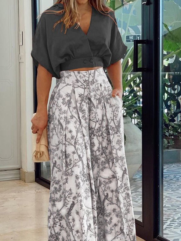 Sets V-Neck Crop Top & Printed Wide-Leg Pants Two-Piece Set - LuckyFash™