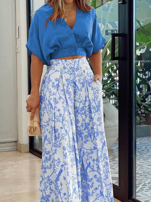 Sets V-Neck Crop Top & Printed Wide-Leg Pants Two-Piece Set - LuckyFash™