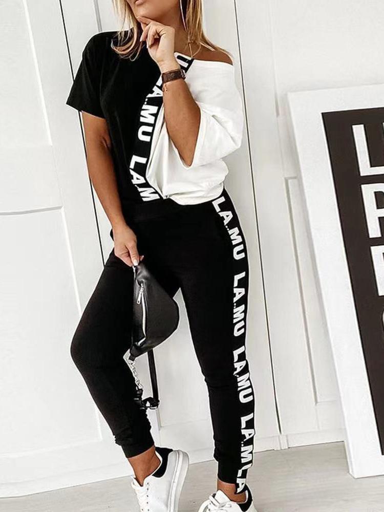 Women's Sets V-Neck Long Sleeve T-Shirt & Letter Trousers Two-Piece Suit - LuckyFash™