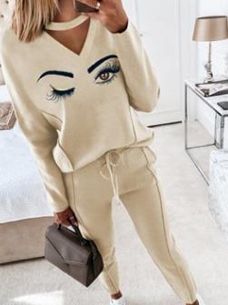 Women's Sets V-Neck Printed Long Sleeve Elasticated Two-Piece Suit - LuckyFash™