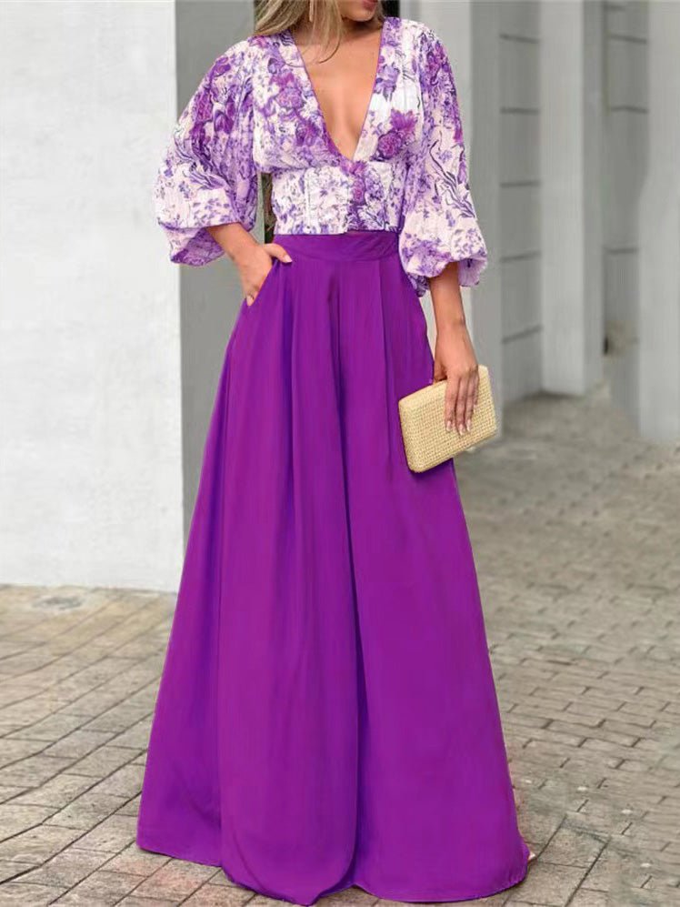 Women's Sets V-Neck Puff Sleeve Print Top & Wide Leg Pants Two-Piece Set - LuckyFash™