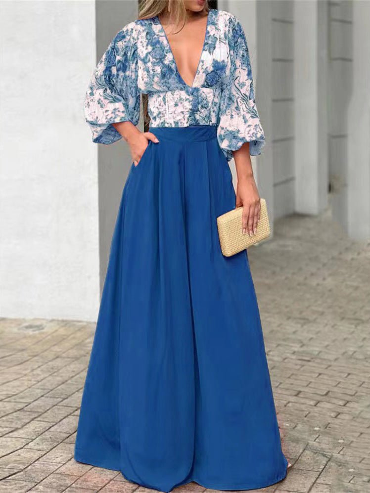 Women's Sets V-Neck Puff Sleeve Print Top & Wide Leg Pants Two-Piece Set - LuckyFash™