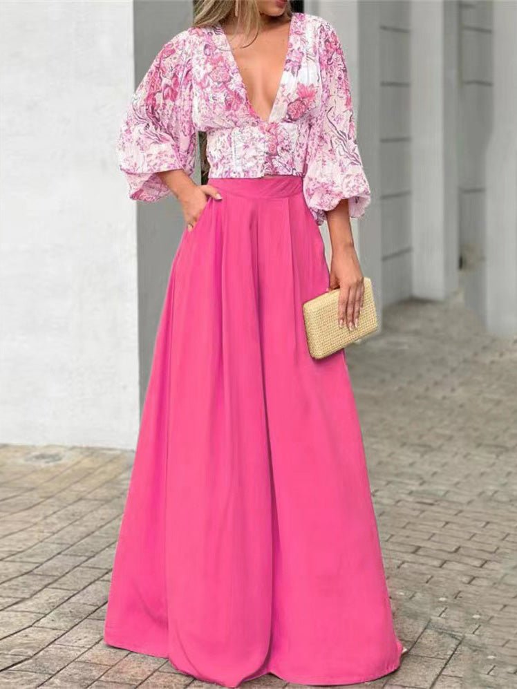 Women's Sets V-Neck Puff Sleeve Print Top & Wide Leg Pants Two-Piece Set - LuckyFash™