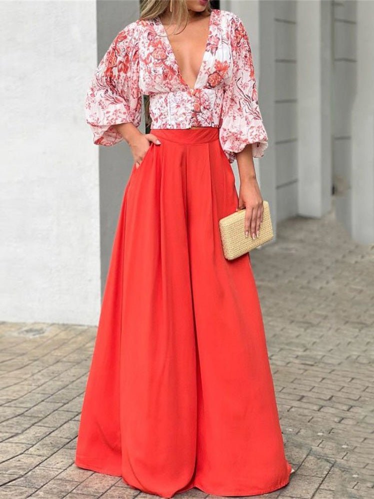 Women's Sets V-Neck Puff Sleeve Print Top & Wide Leg Pants Two-Piece Set - LuckyFash™