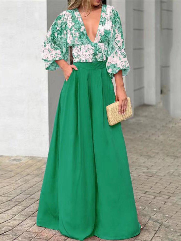 Women's Sets V-Neck Puff Sleeve Print Top & Wide Leg Pants Two-Piece Set - LuckyFash™