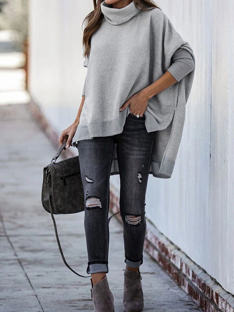 Women's Sweaters Bat Sleeve High Neck Irregular Split Long Sleeve Sweater - LuckyFash™