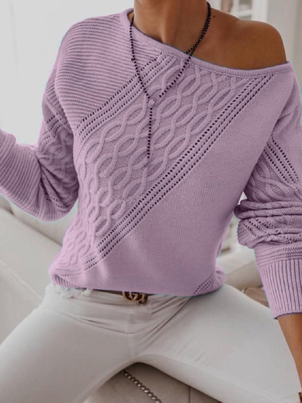 Women's Sweaters Casual Solid Sloping Shoulder Long Sleeve Sweater - LuckyFash™