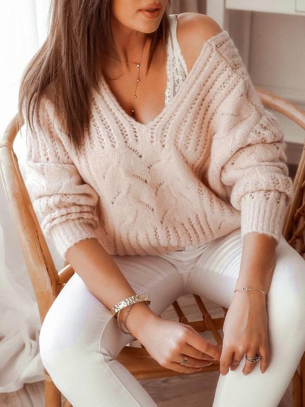 Women's Sweaters Casual V-Neck Off-The-Shoulder Knitted Sweater - LuckyFash™