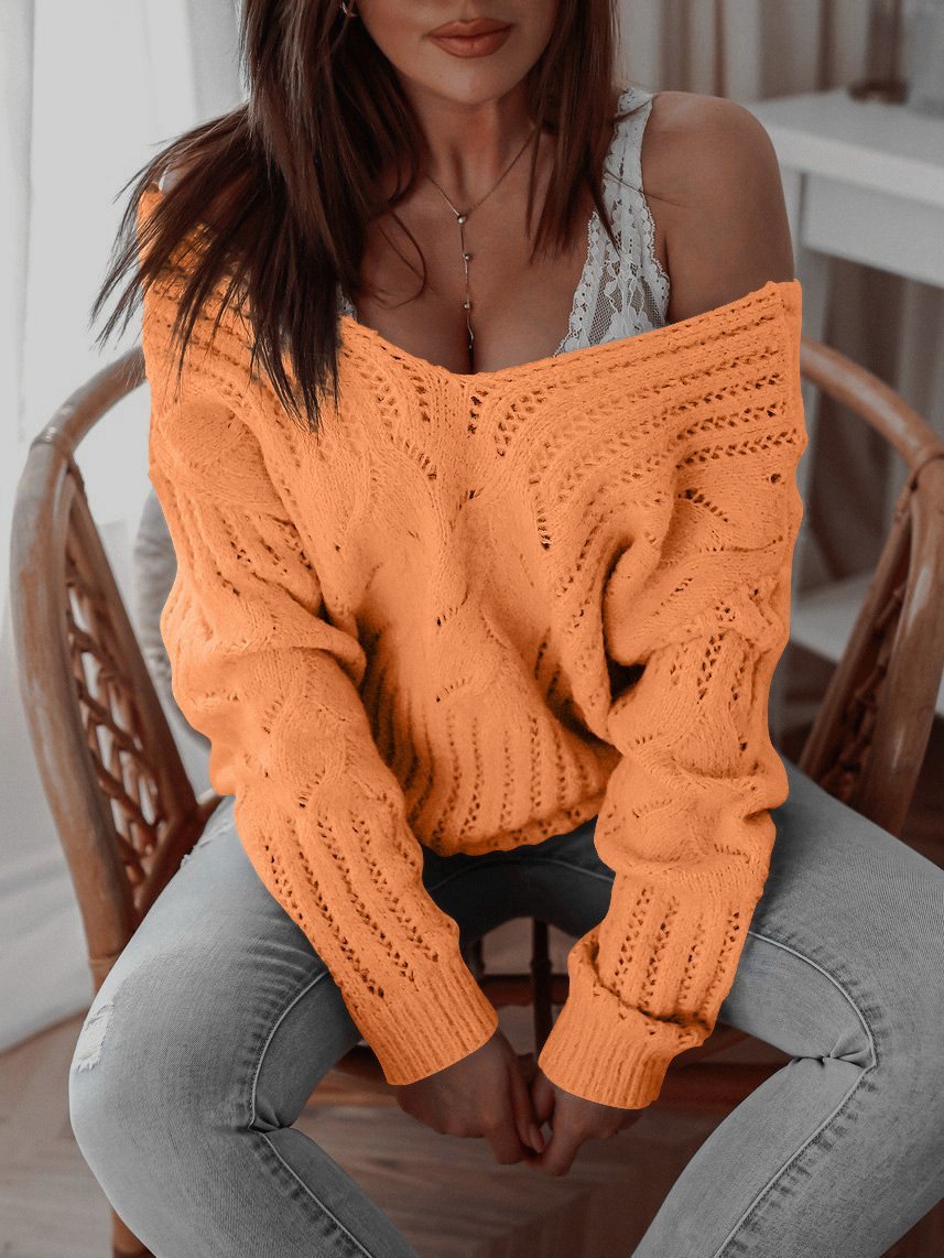 Women's Sweaters Casual V-Neck Off-The-Shoulder Knitted Sweater - LuckyFash™