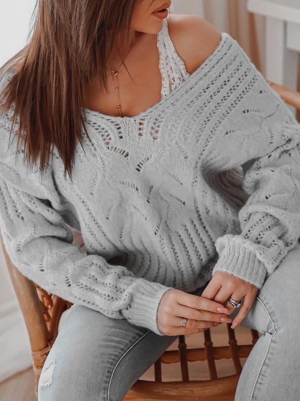 Women's Sweaters Casual V-Neck Off-The-Shoulder Knitted Sweater - LuckyFash™