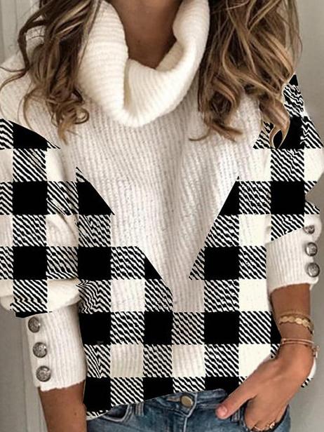 Women's Sweaters Check High Collar Button Pullover Sweater - LuckyFash™