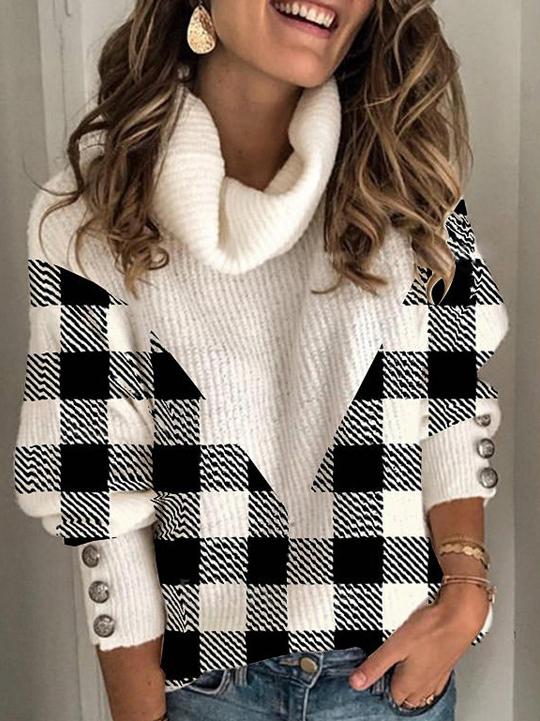 Women's Sweaters Check High Collar Button Pullover Sweater - LuckyFash™