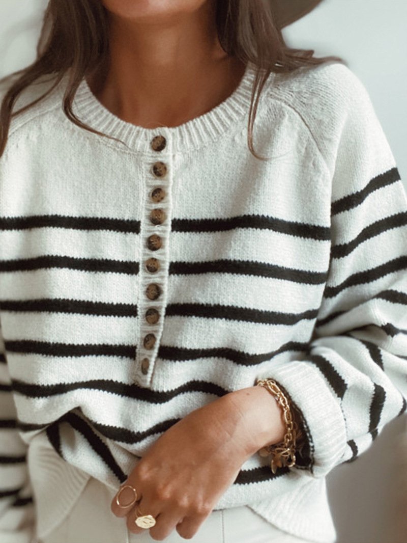 Women's Sweaters Fashion Striped Round Neck Button Sweater - LuckyFash™