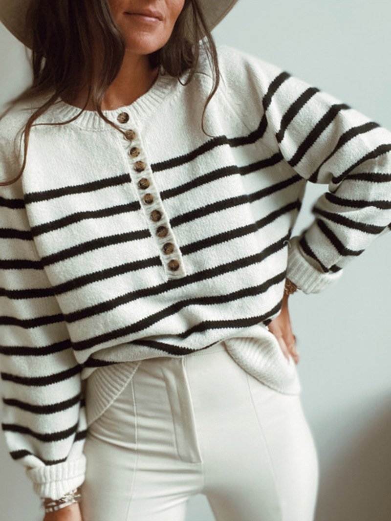 Women's Sweaters Fashion Striped Round Neck Button Sweater - LuckyFash™