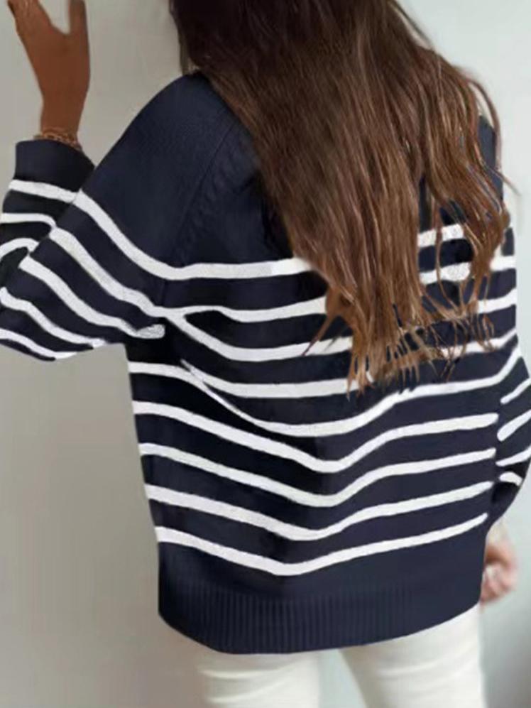 Women's Sweaters Fashion Striped Round Neck Button Sweater - LuckyFash™