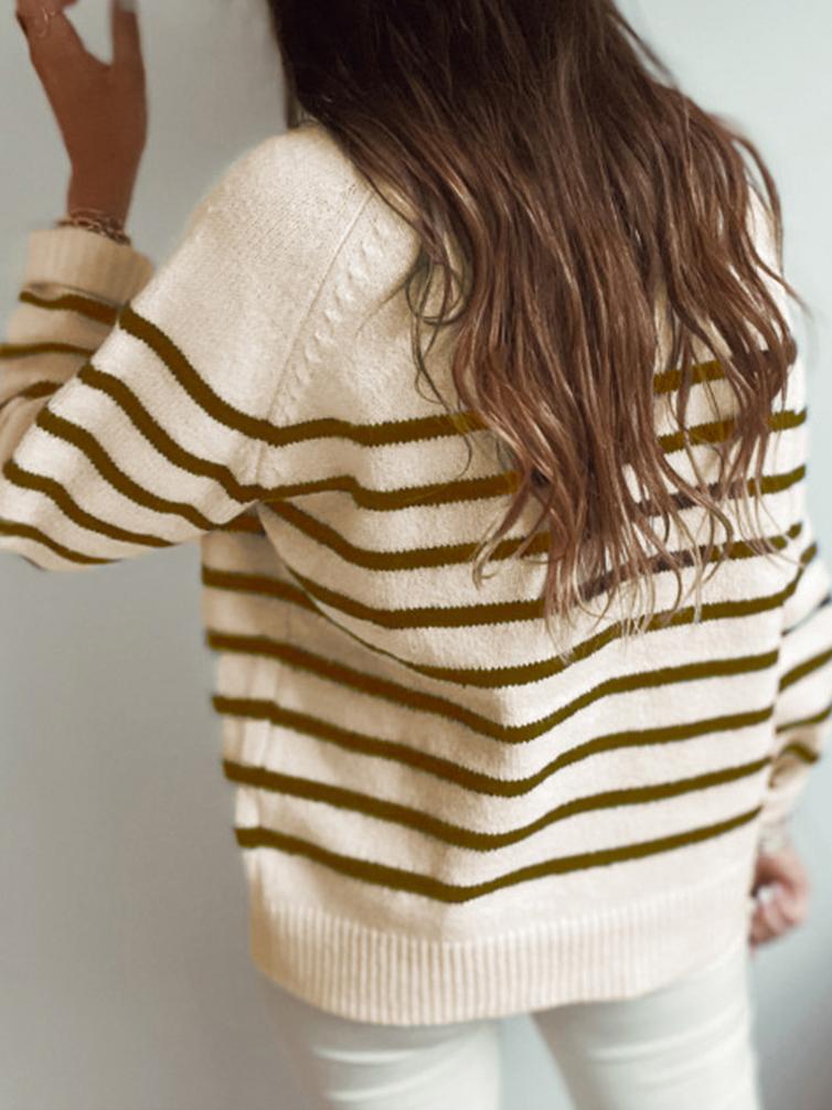 Women's Sweaters Fashion Striped Round Neck Button Sweater - LuckyFash™
