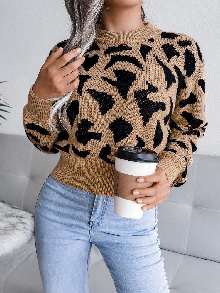 Women's Sweaters Leopard-Print Knitted Cropped Sweater - LuckyFash™