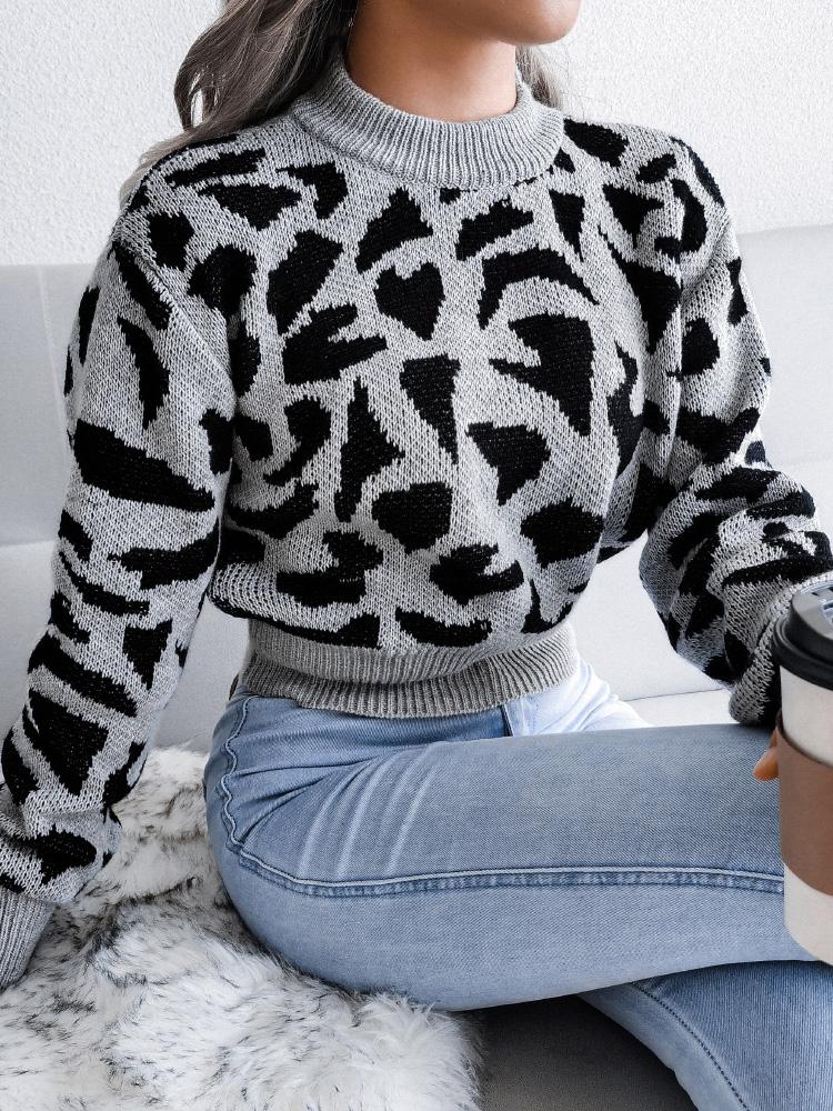 Women's Sweaters Leopard-Print Knitted Cropped Sweater - LuckyFash™