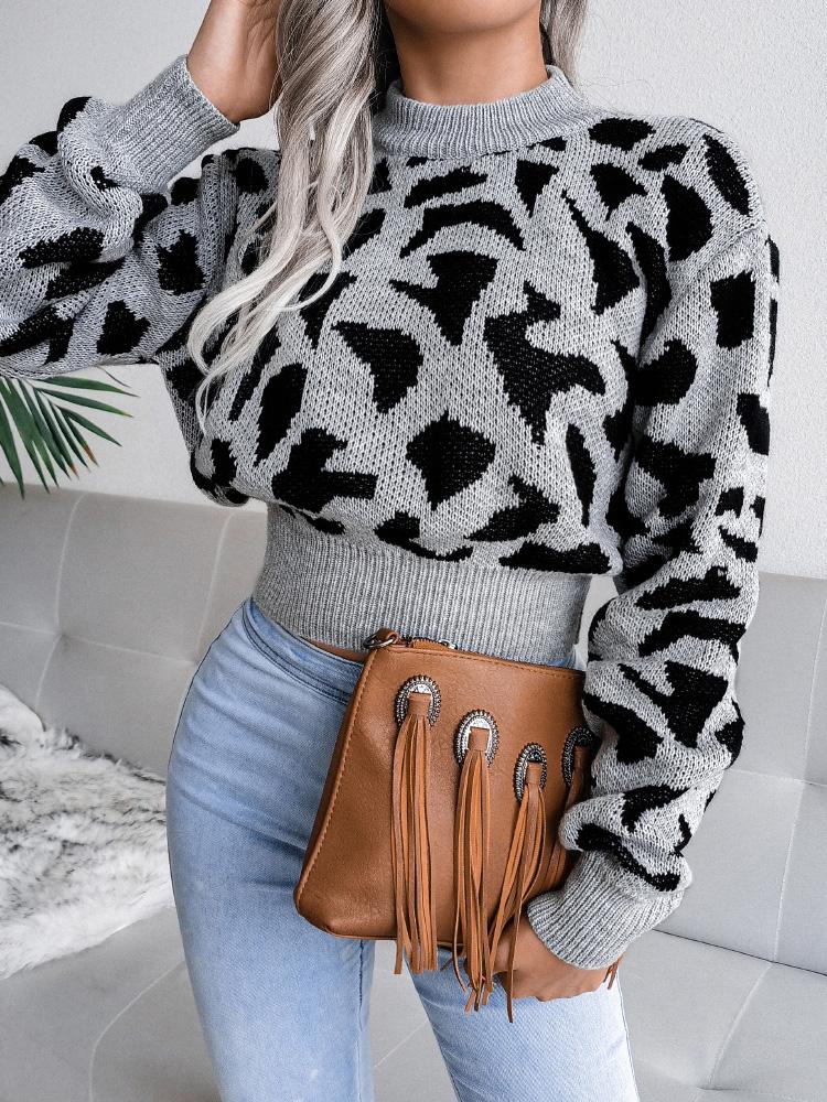 Women's Sweaters Leopard-Print Knitted Cropped Sweater - LuckyFash™