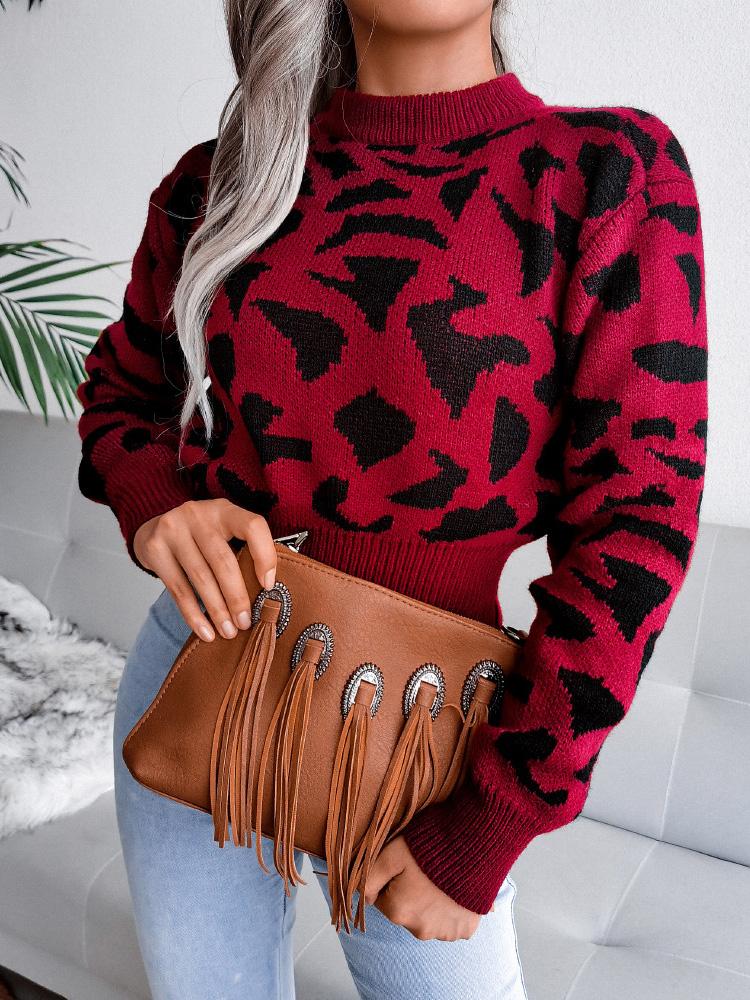 Women's Sweaters Leopard-Print Knitted Cropped Sweater - LuckyFash™