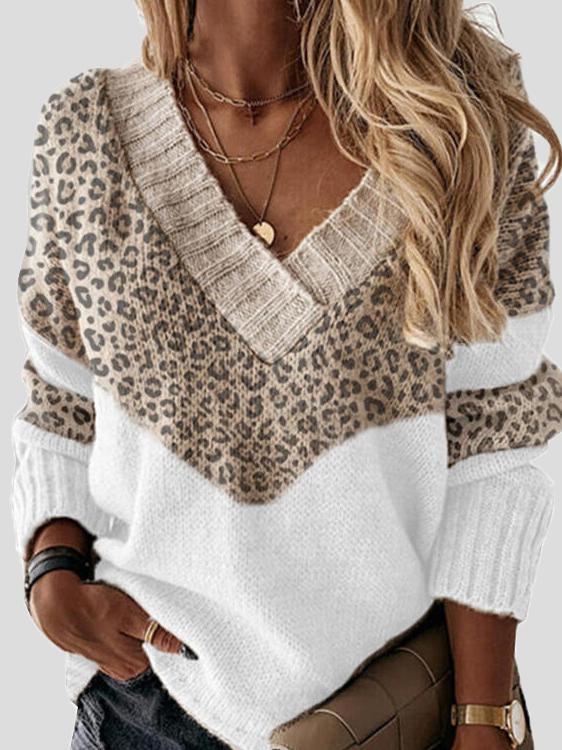 Women's Sweaters Leopard Print Stitching V-Neck Long Sleeve Sweater - LuckyFash™