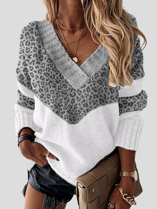 Women's Sweaters Leopard Print Stitching V-Neck Long Sleeve Sweater - LuckyFash™