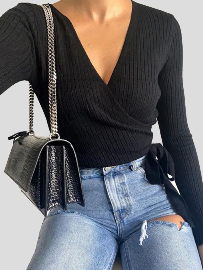 Women's Sweaters Long Sleeve V-Neck Lace-Up Sweater - LuckyFash™
