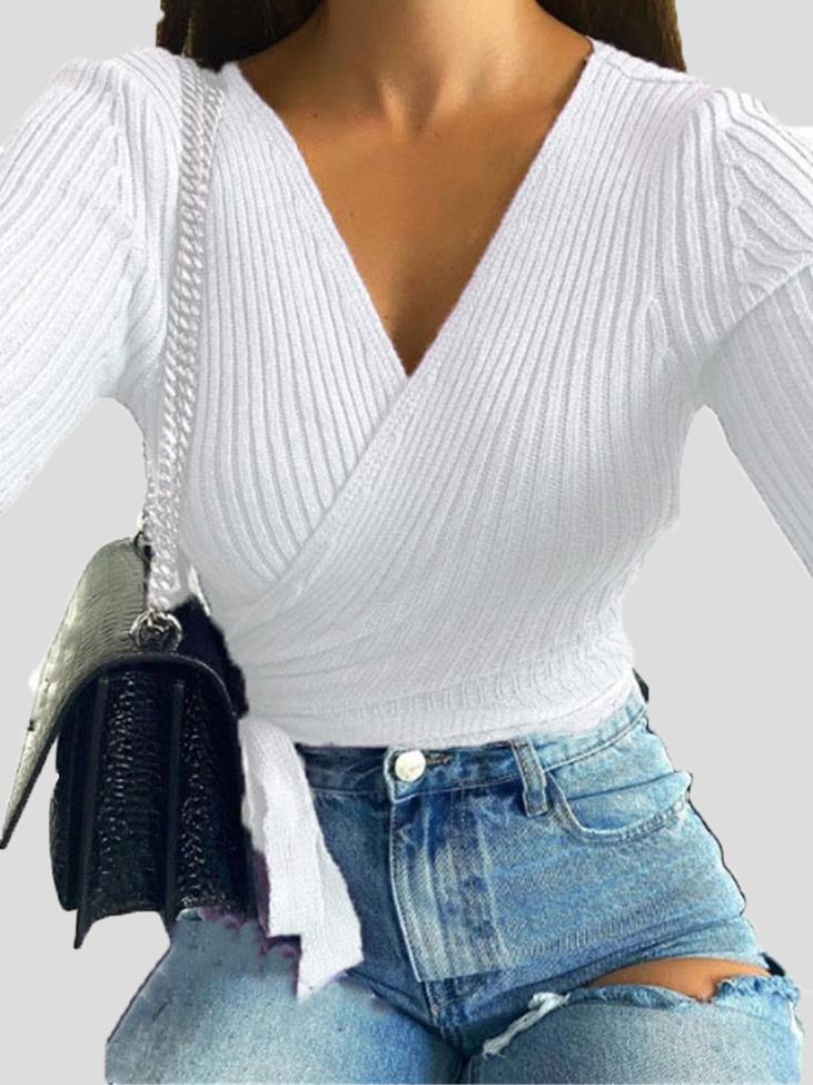 Women's Sweaters Long Sleeve V-Neck Lace-Up Sweater - LuckyFash™