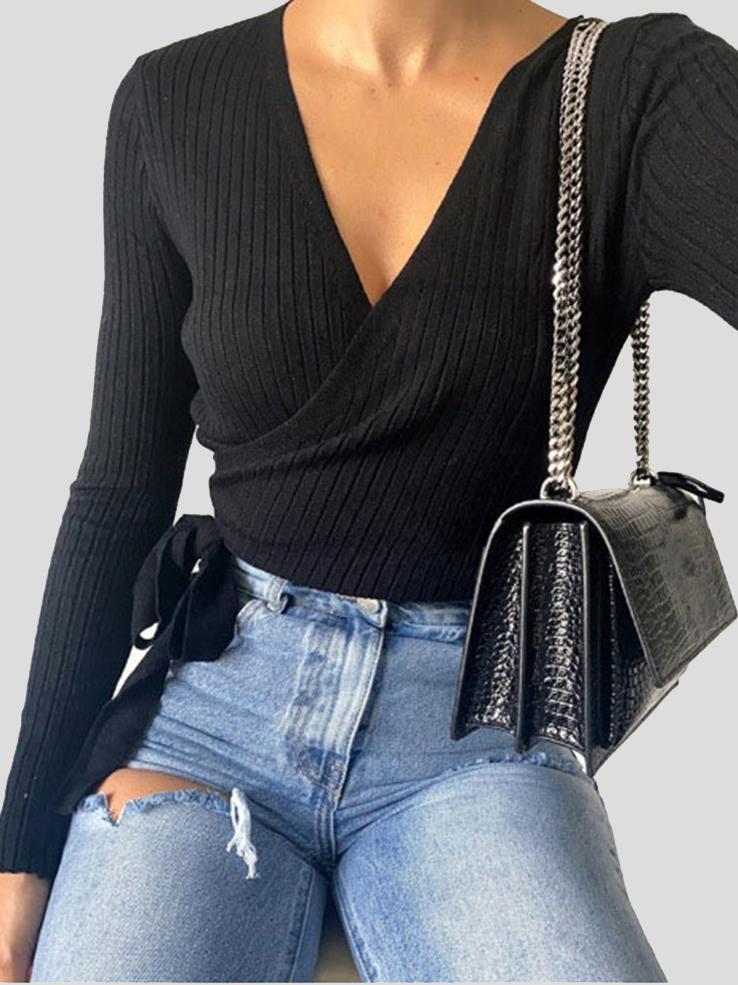 Women's Sweaters Long Sleeve V-Neck Lace-Up Sweater - LuckyFash™
