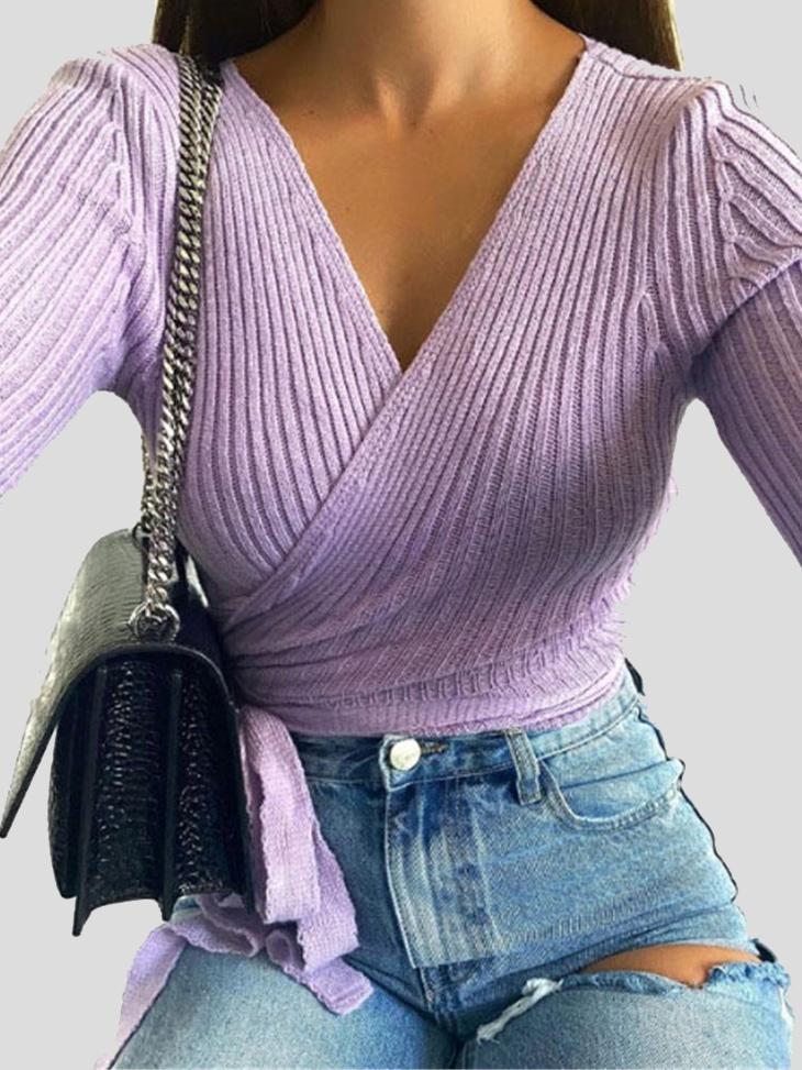 Women's Sweaters Long Sleeve V-Neck Lace-Up Sweater - LuckyFash™