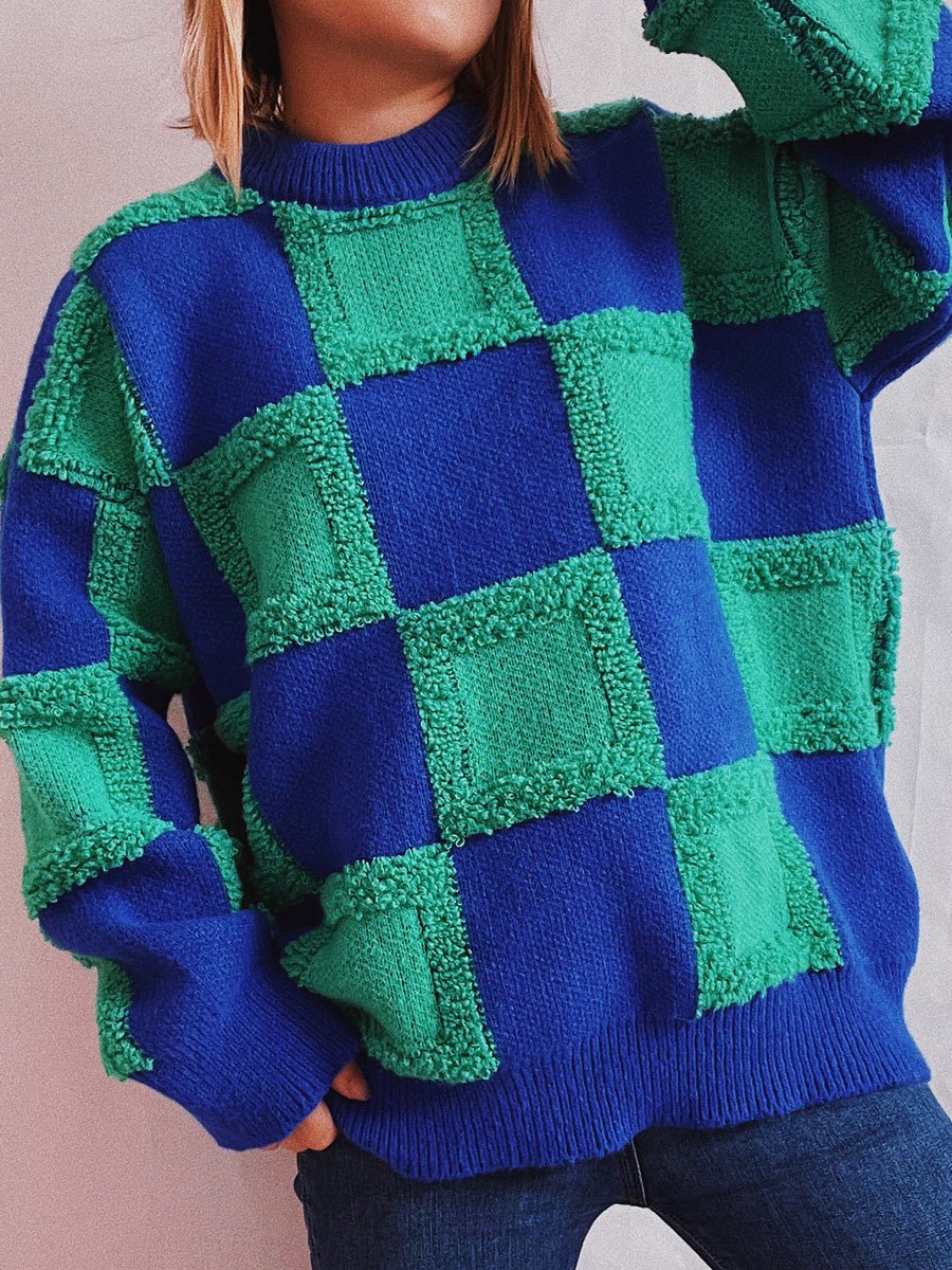 Women's Sweaters Loose Check Crew Neck Long Sleeve Sweater - LuckyFash™