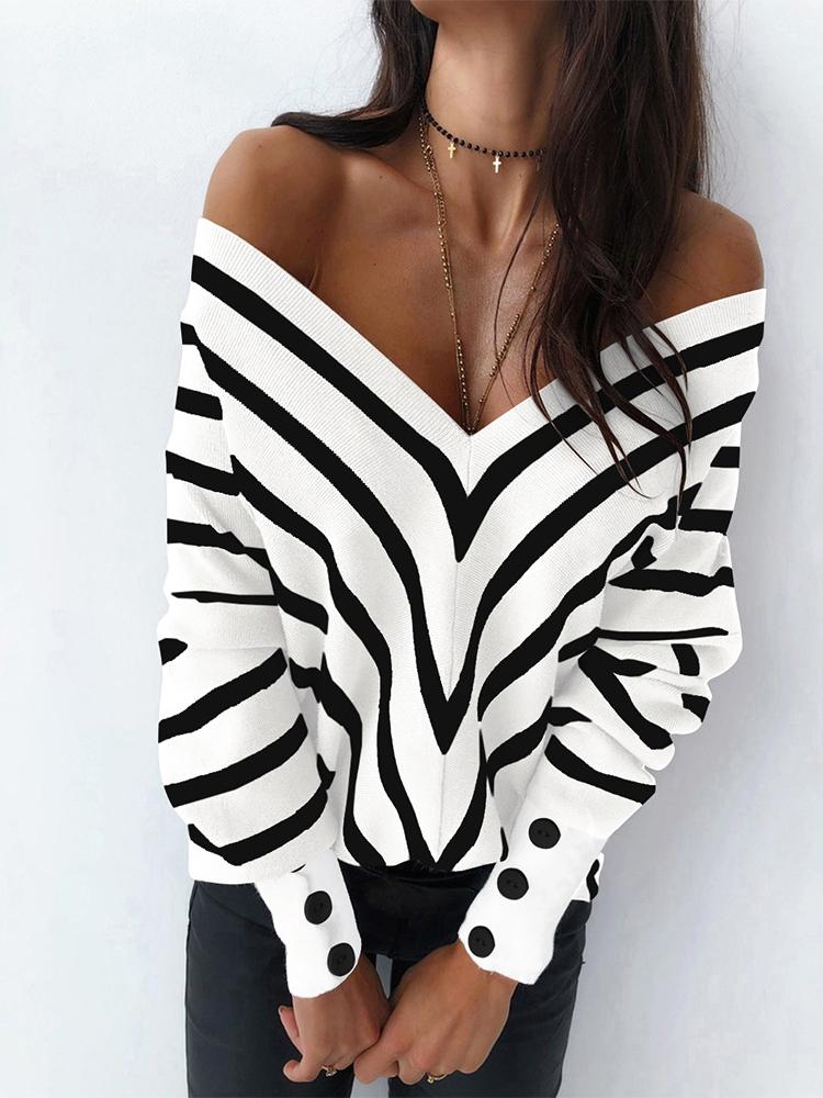 Women's Sweaters Off-The-Shoulder Striped V-Neck Long Sleeve Sweater - LuckyFash™