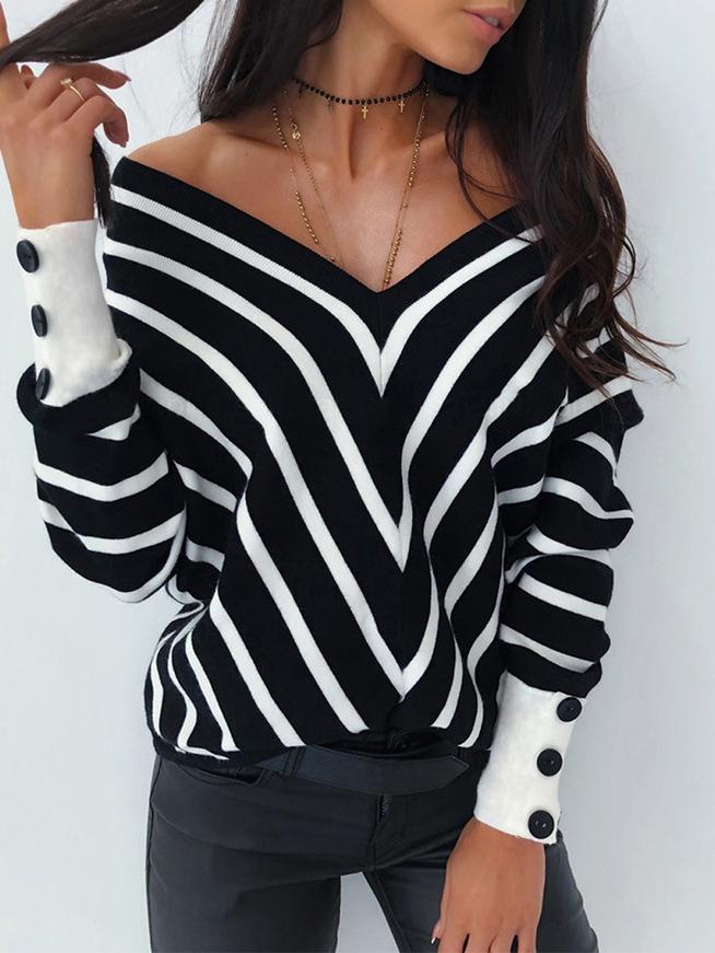 Women's Sweaters Off-The-Shoulder Striped V-Neck Long Sleeve Sweater - LuckyFash™