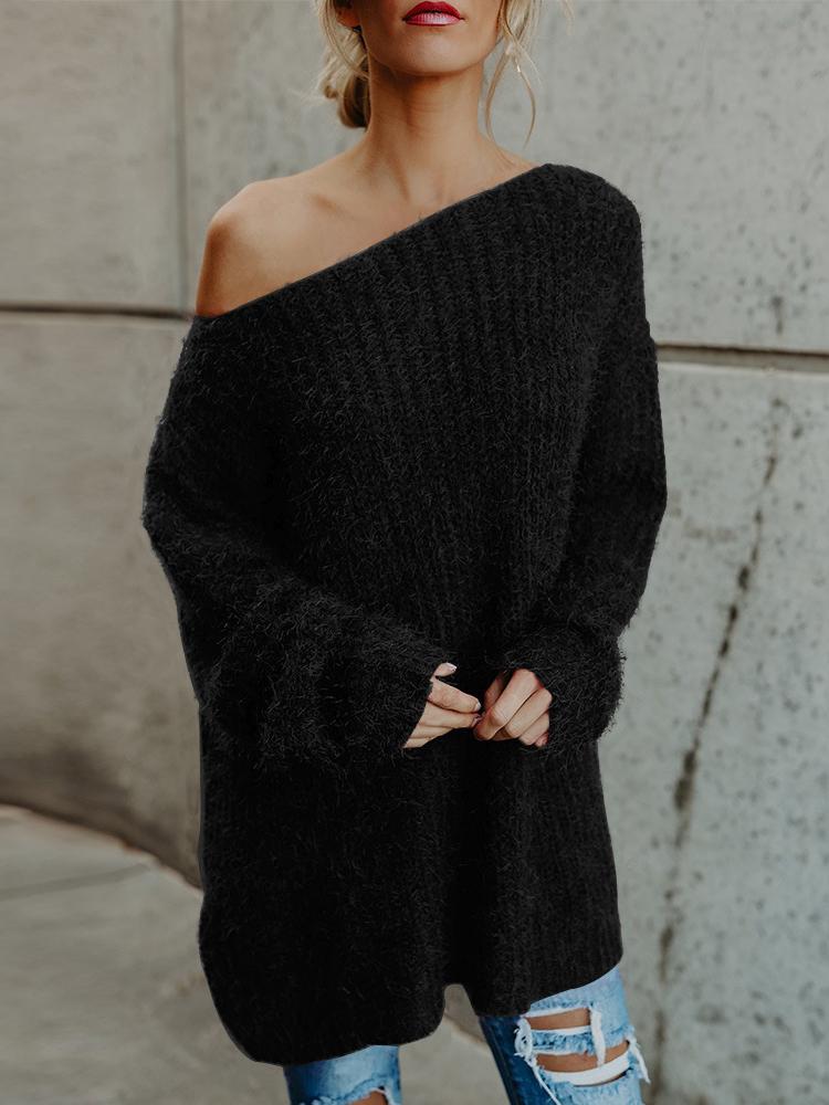 Women's Sweaters Plush Slanted Shoulder Long Sleeve Sweater - LuckyFash™