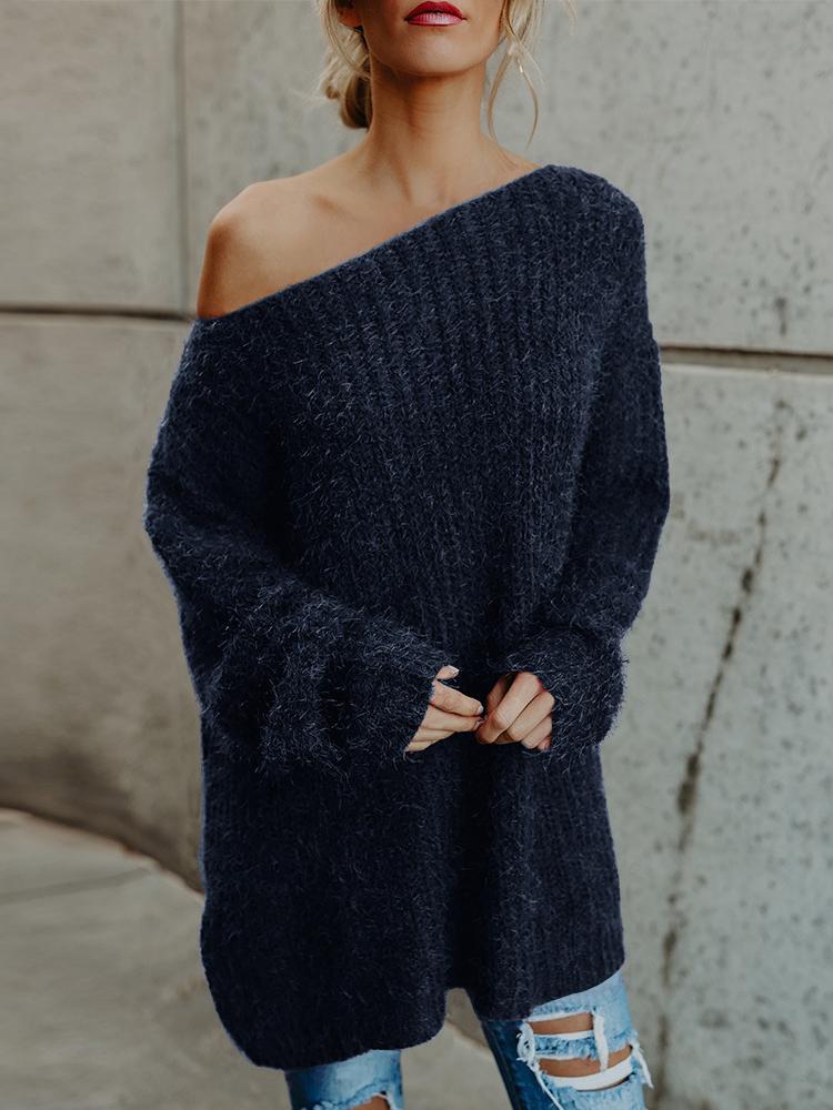 Women's Sweaters Plush Slanted Shoulder Long Sleeve Sweater - LuckyFash™