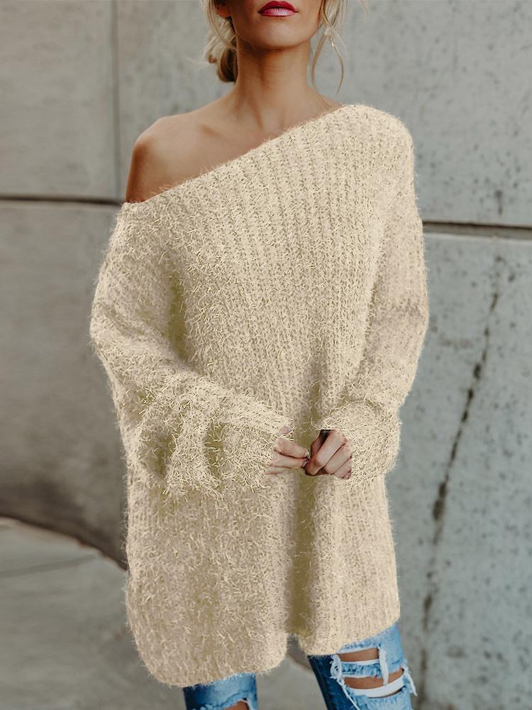 Women's Sweaters Plush Slanted Shoulder Long Sleeve Sweater - LuckyFash™