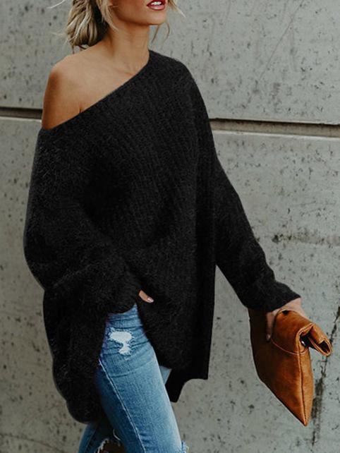 Women's Sweaters Plush Slanted Shoulder Long Sleeve Sweater - LuckyFash™