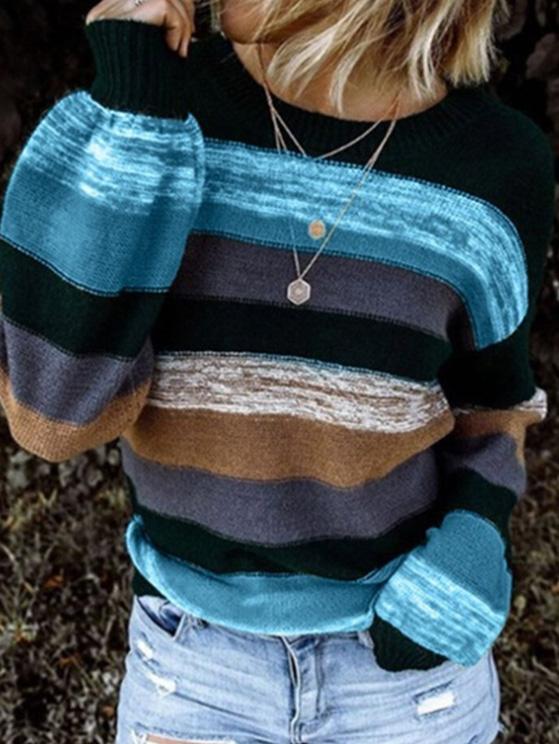 Women's Sweaters Round Neck Contrast Stitching Long Sleeve Striped Knitted Sweater - LuckyFash™